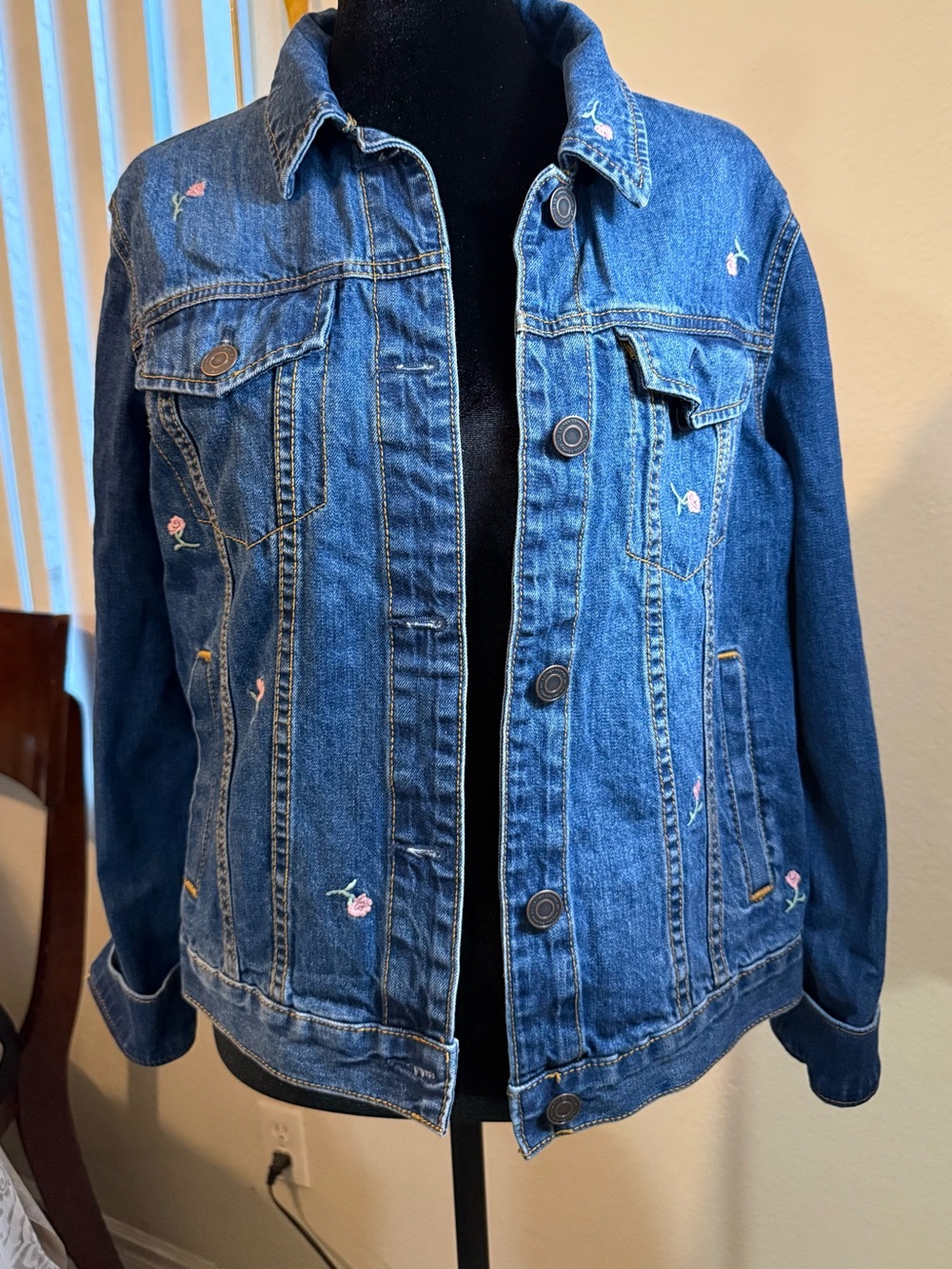 LC Lauren Conrad Blue Denim Jacket with Subtle Pink Floral Embroidery